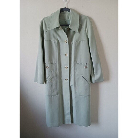 Womens Trench Coat Spring Long Sleeve Button Front Pockets Light Green 12 - Picture 1 of 4